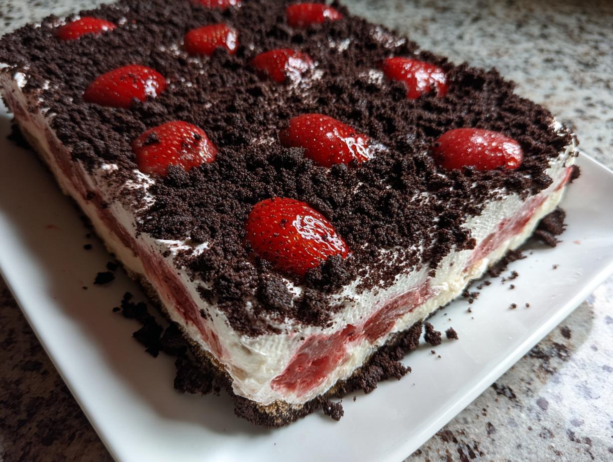 A rectangular slice of Strawberry Dirt Cake featuring layers of cream, strawberries, and topped with chocolate cookie crumbs and whole strawberries.