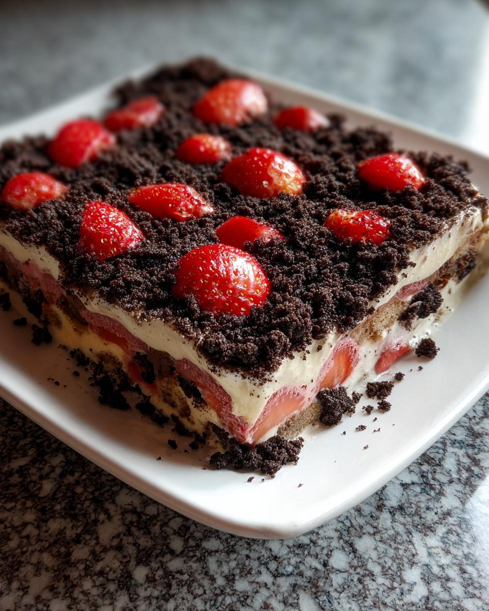 A square slice of Strawberry Dirt Cake showing layers of cream, strawberries, and topped with chocolate crumbs and fresh strawberries.