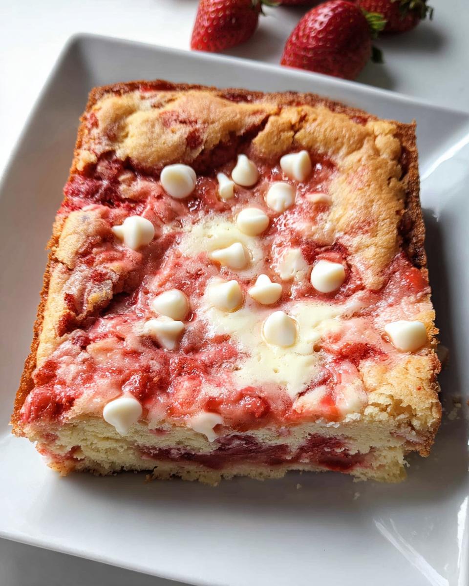 A square slice of Strawberry Earthquake Cake topped with melted strawberry swirl and white chocolate chips on a white plate.