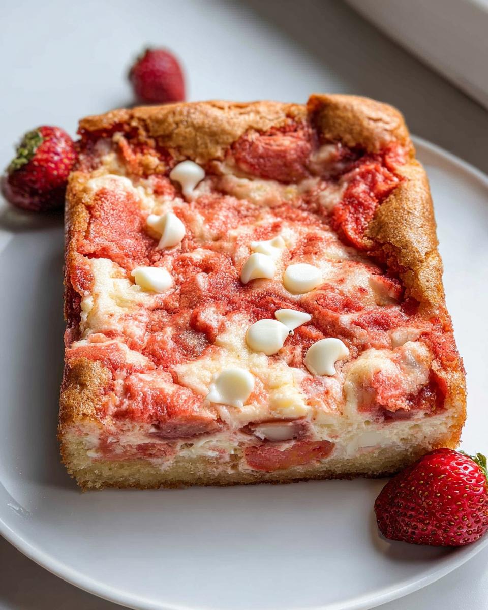 A square slice of Strawberry Earthquake Cake topped with melted strawberry swirls and white chocolate chips, served on a white plate with fresh strawberries.