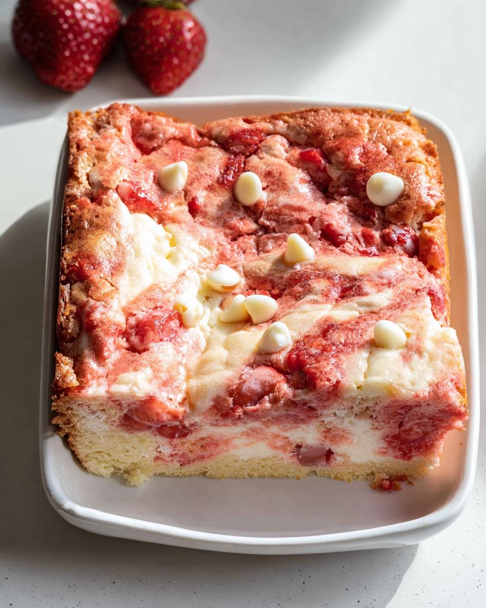 A square slice of Strawberry Earthquake Cake with a marbled strawberry and cream cheese topping and white chocolate chips.