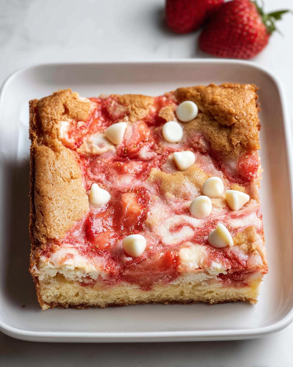 A square slice of Strawberry Earthquake Cake topped with melted strawberries and white chocolate chips on a white plate.