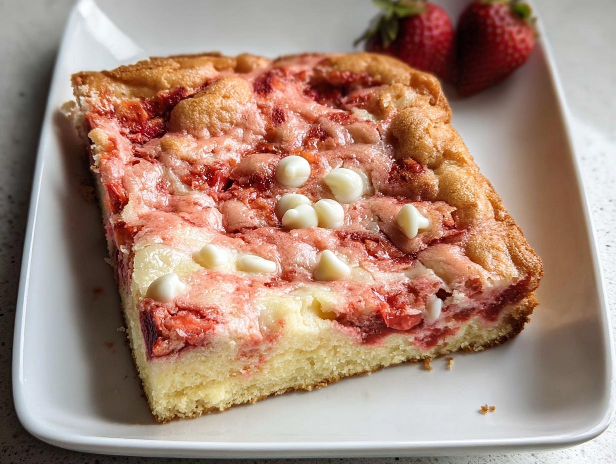 A square slice of moist Strawberry Earthquake Cake topped with pink swirls and white chocolate chips, served on a white plate.