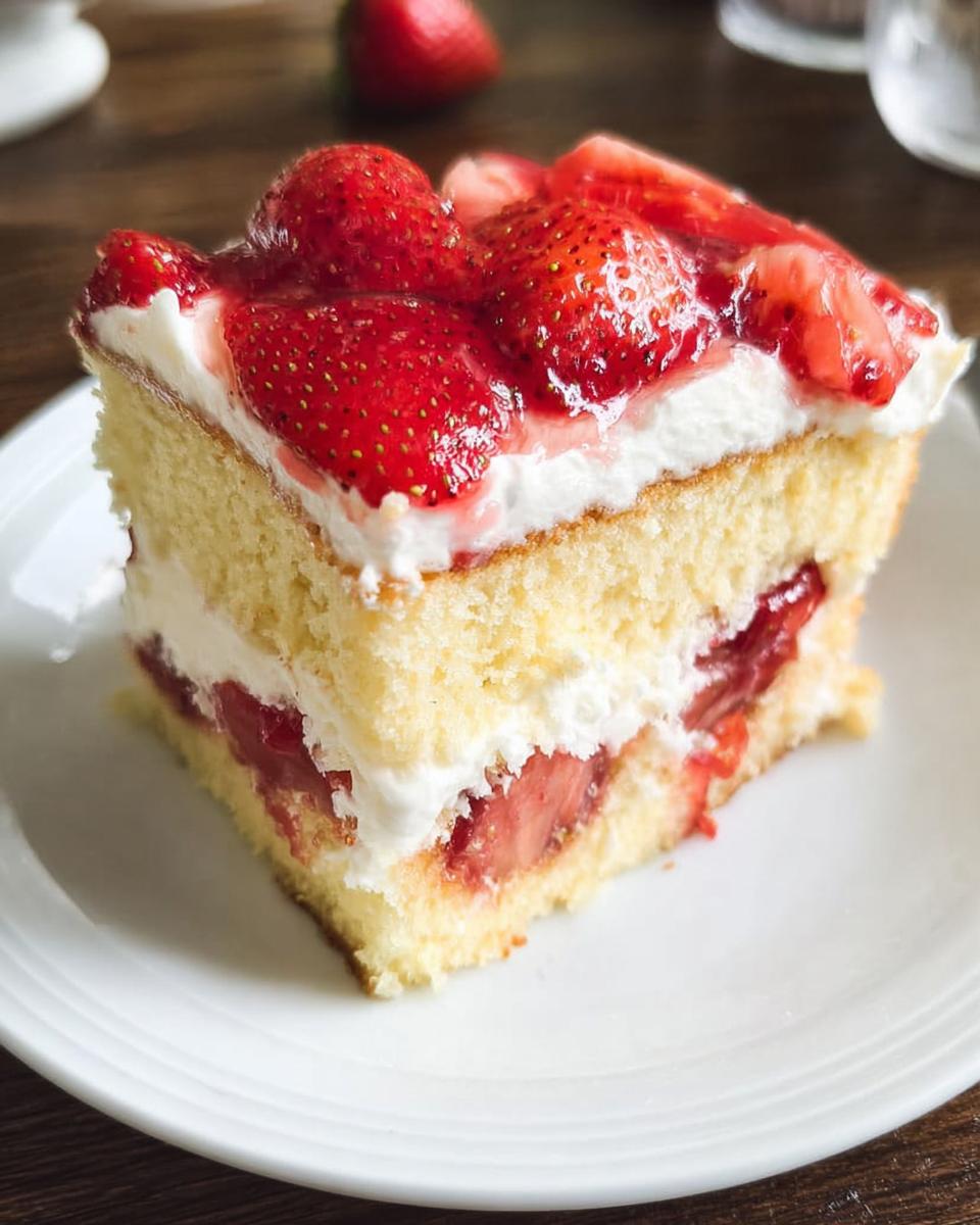 A square slice of Strawberry Fruit Topped Cake showing layers of sponge cake, whipped cream, and fresh strawberries.