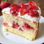 A close-up of a slice of light yellow cake layered with cream and topped generously with glazed strawberries.