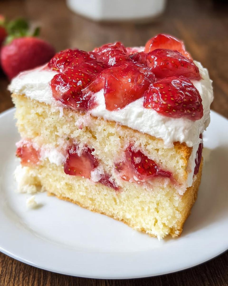 A close-up of a slice of light yellow cake layered with cream and topped generously with glazed strawberries.