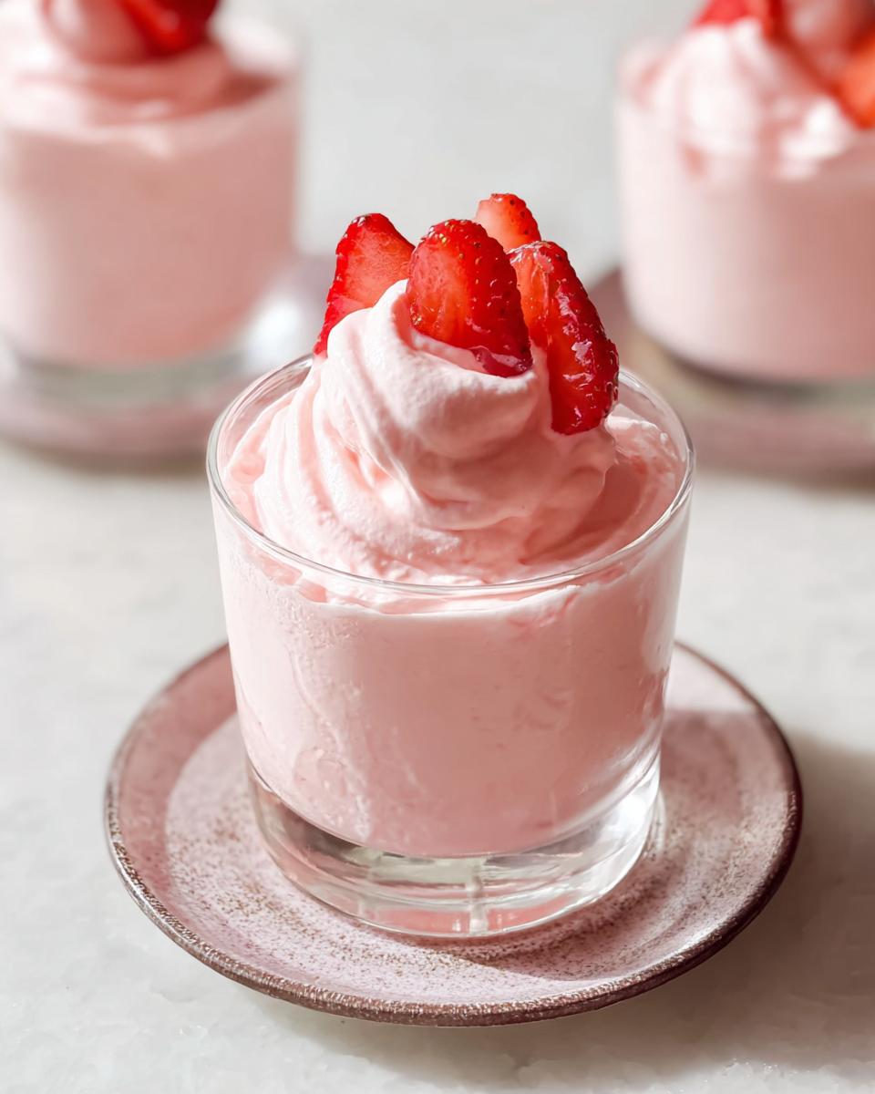 A glass filled with light pink Strawberry Mousse, topped with whipped swirls and fresh strawberry slices.