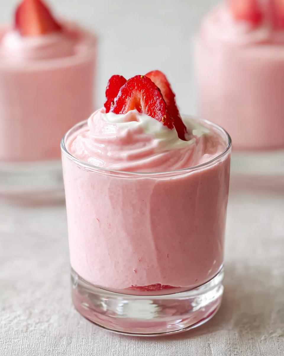 A close-up of a glass filled with light pink Strawberry Mousse, topped with whipped cream and fresh strawberry slices.