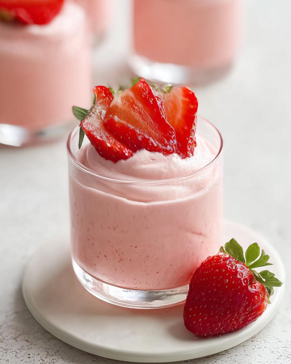 Close-up of a glass filled with light pink Strawberry Mousse, topped with sliced strawberries.