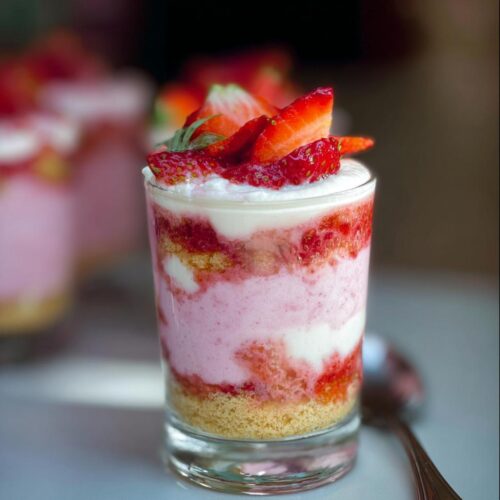A layered Strawberry Mousse Parfait in a small glass, topped with fresh strawberries and cream.