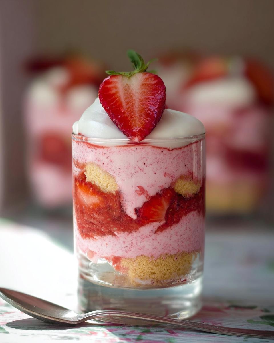 A layered Strawberry Mousse Parfait in a glass, topped with whipped cream and a halved fresh strawberry.