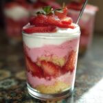 A layered Strawberry Mousse Parfait featuring pink mousse, fresh strawberries, cake crumbs, and whipped cream topping.