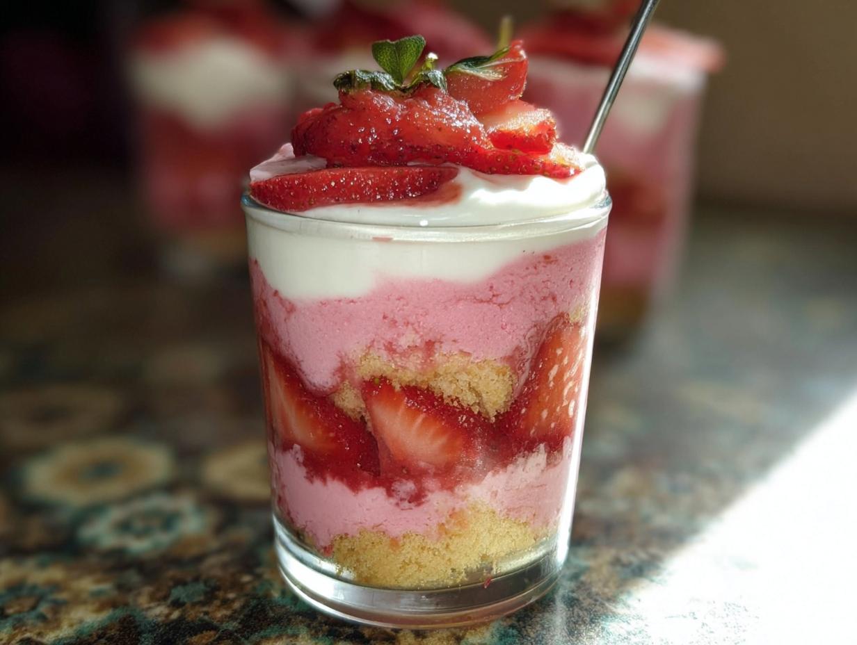 A layered Strawberry Mousse Parfait featuring pink mousse, fresh strawberries, cake crumbs, and whipped cream topping.