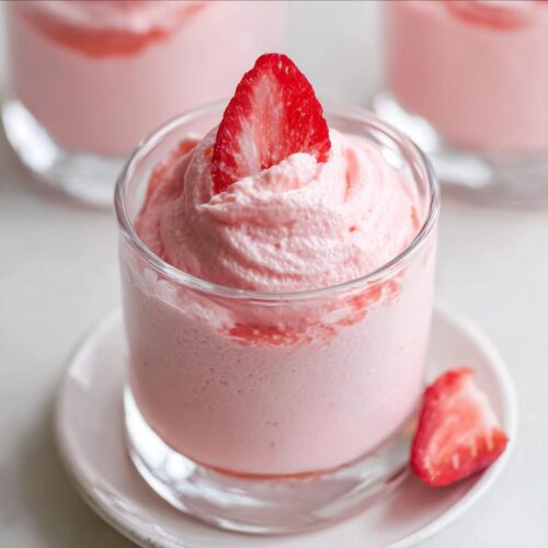 Close-up of light pink Strawberry Mousse piped high in a glass and topped with a fresh strawberry slice.