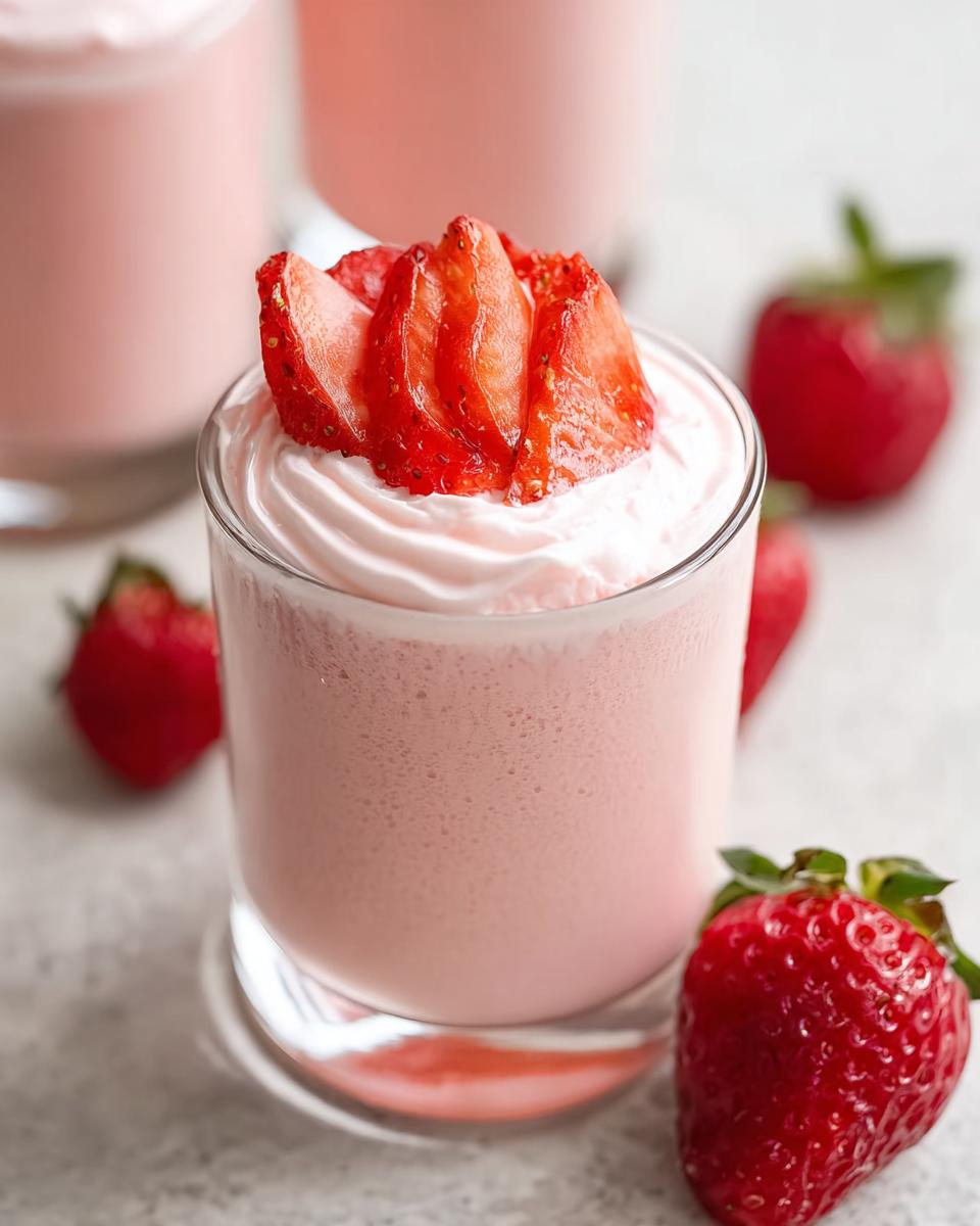 A glass of light pink Strawberry Mousse topped with whipped cream and sliced fresh strawberries.