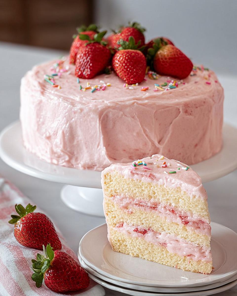 A slice of light yellow Strawberry Party Cake with pink frosting and filling, next to the whole cake topped with fresh strawberries.