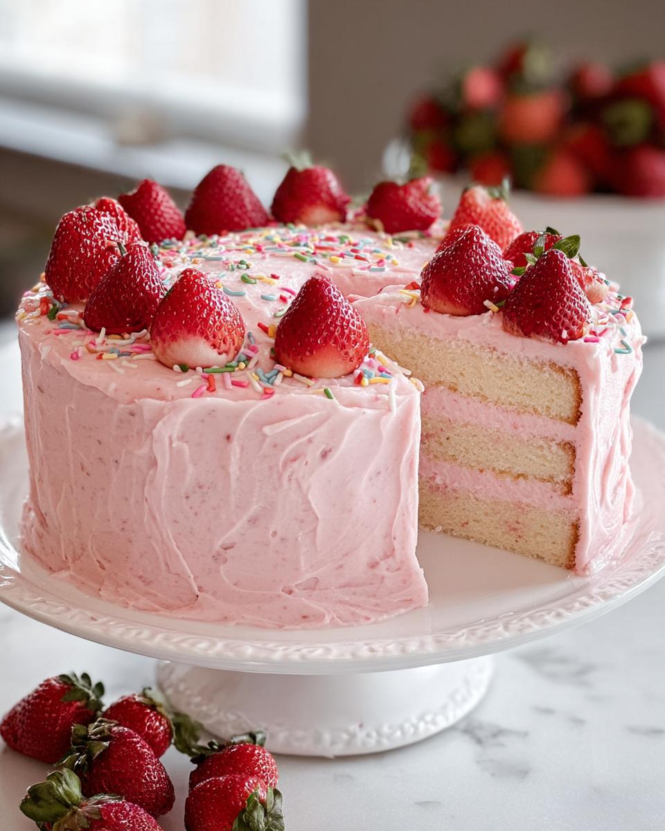 A beautiful Strawberry Party Cake frosted in pink, topped with fresh strawberries and sprinkles, with one slice removed to show layers.