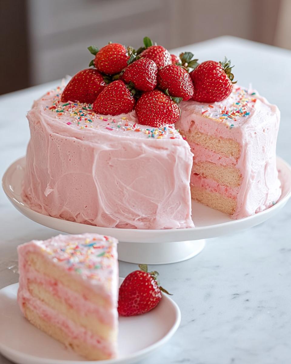 A beautiful Strawberry Party Cake with pink frosting, topped with fresh strawberries and sprinkles, with one slice served separately.