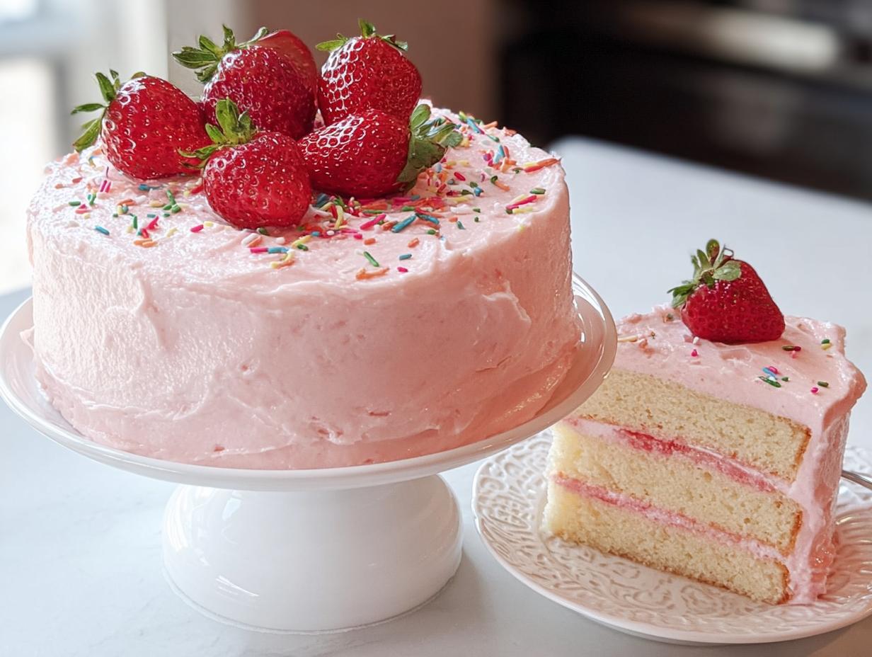 A whole pink frosted Strawberry Party Cake topped with fresh strawberries and sprinkles, next to a perfect slice.