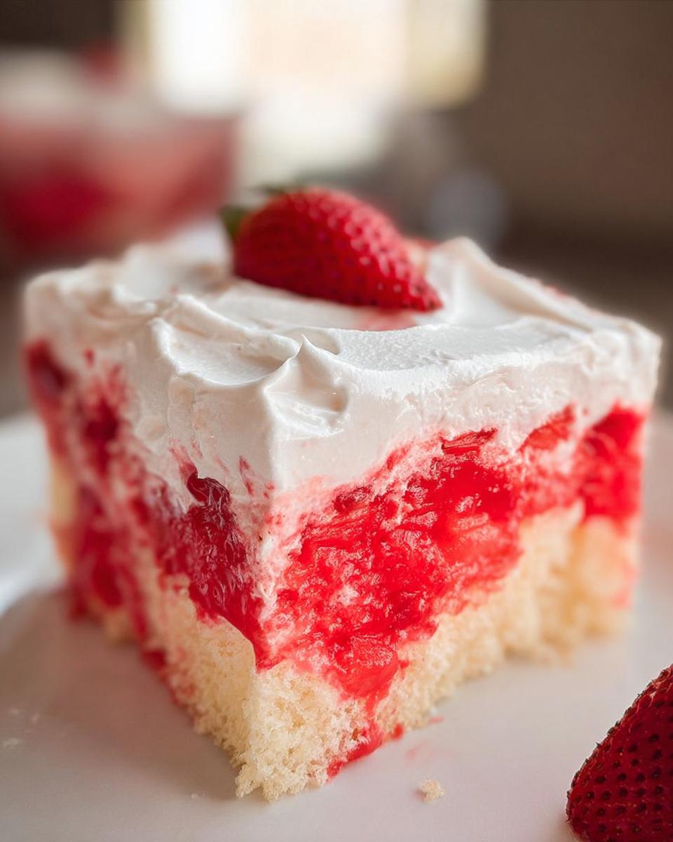 Close-up of a moist slice of Strawberry Poke Cake showing the white cake base, bright red gelatin filling, and thick whipped topping garnished with a fresh strawberry.