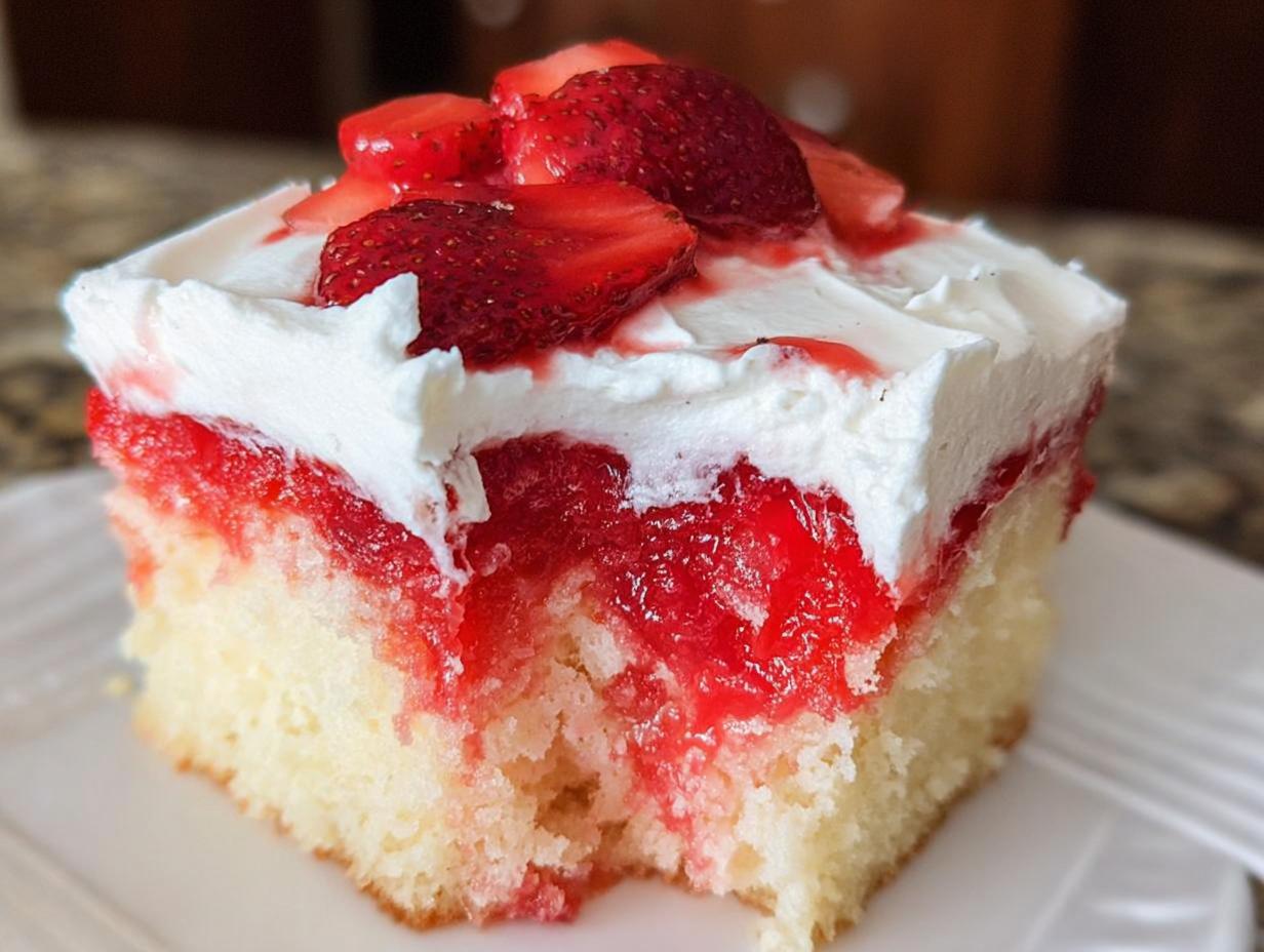 Close-up of a moist slice of Strawberry Poke Cake showing the soaked yellow cake, bright red filling, and white whipped topping with fresh strawberries.