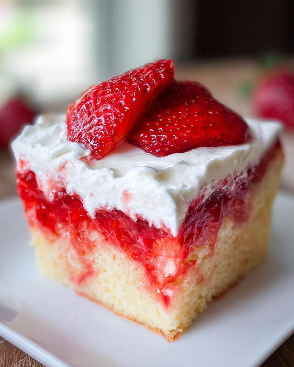Close-up of a slice of Strawberry Poke Cake featuring moist yellow cake, bright red strawberry filling, and whipped cream topped with fresh strawberries.