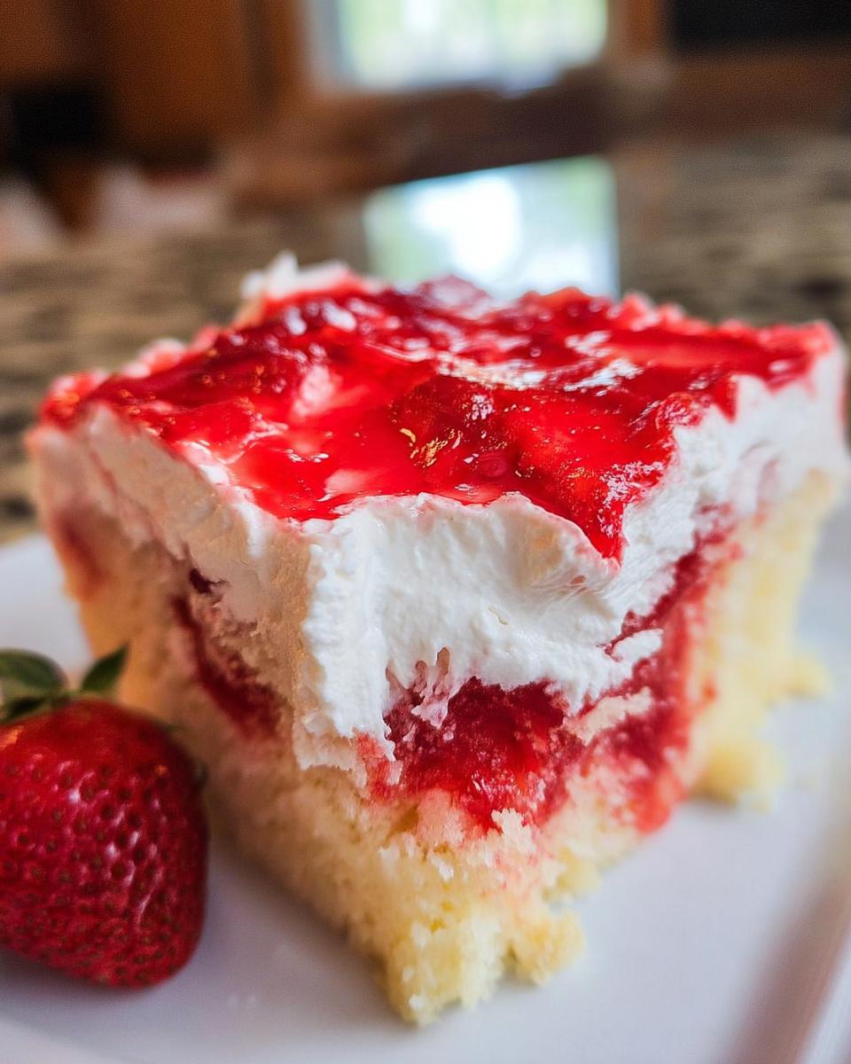 Close-up of a moist slice of Strawberry Poke Cake topped with whipped cream and strawberry glaze, served next to a fresh strawberry.