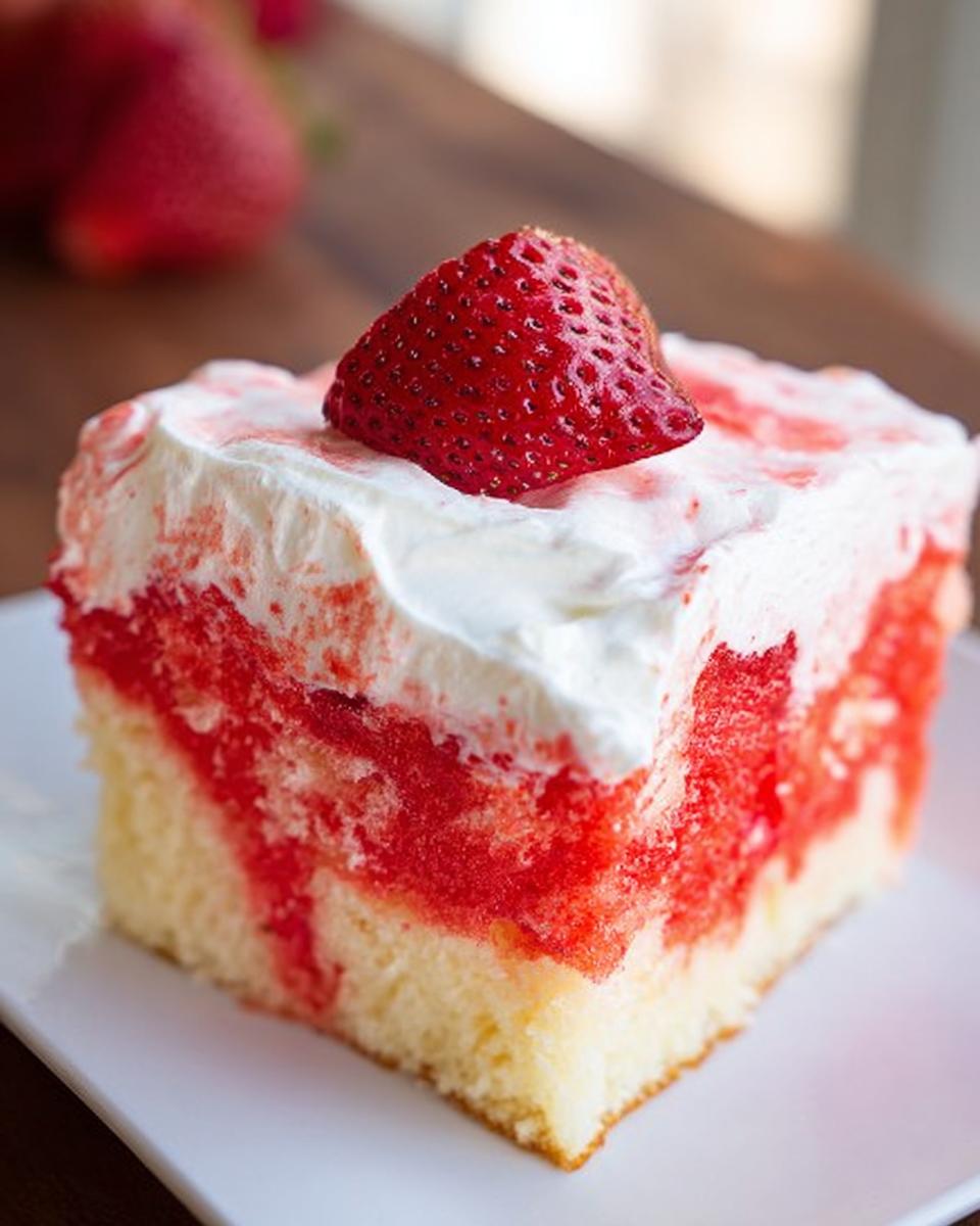 A square slice of moist Strawberry Poke Cake showing the bright red gelatin-soaked layer and white whipped cream topping, garnished with a fresh strawberry.