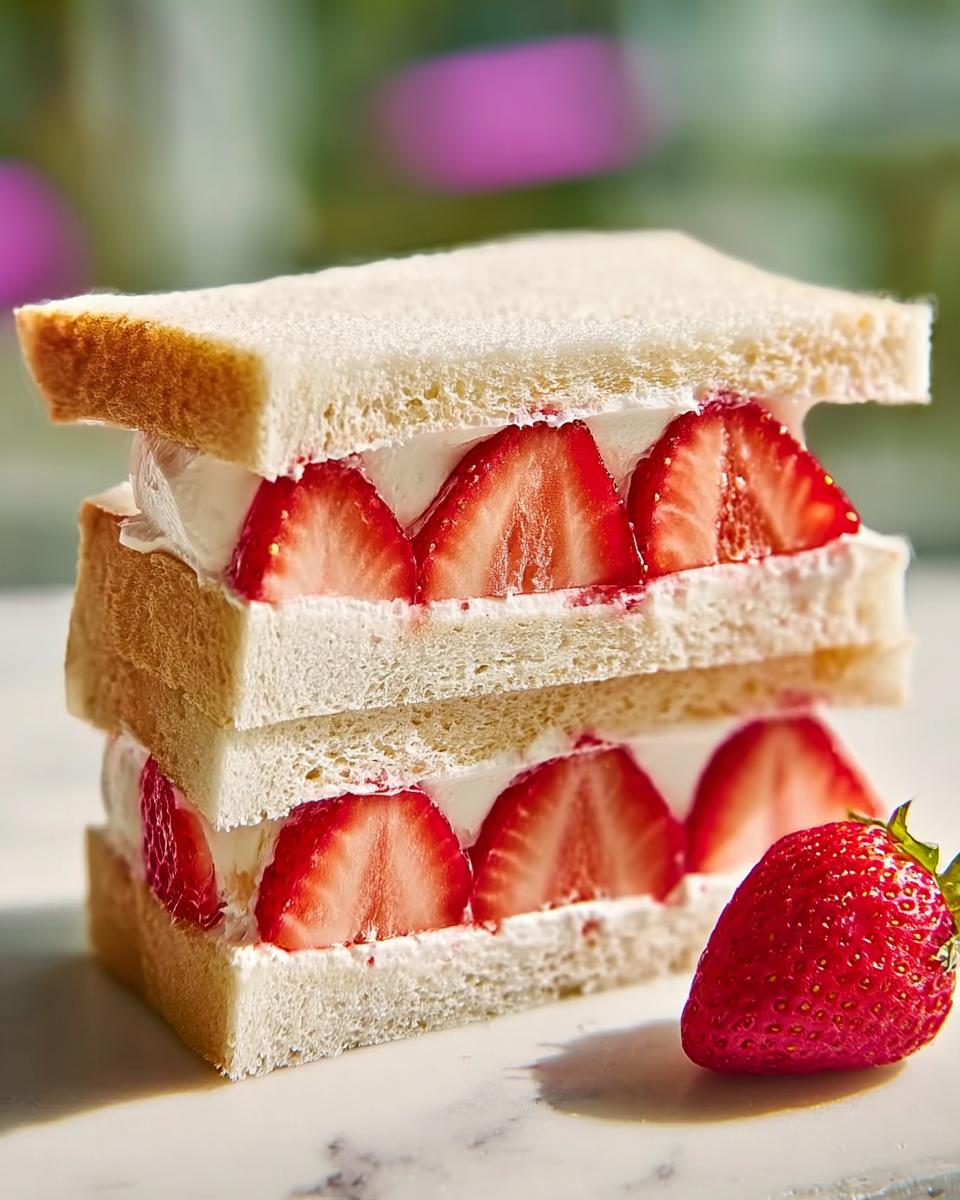 A stack of two halves of a Strawberry Sando, showing layers of white bread, whipped cream, and sliced fresh strawberries.