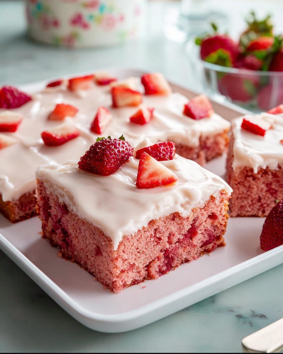 Close-up of a moist slice of pink Strawberry Sheet Cake topped with white frosting and fresh strawberries.