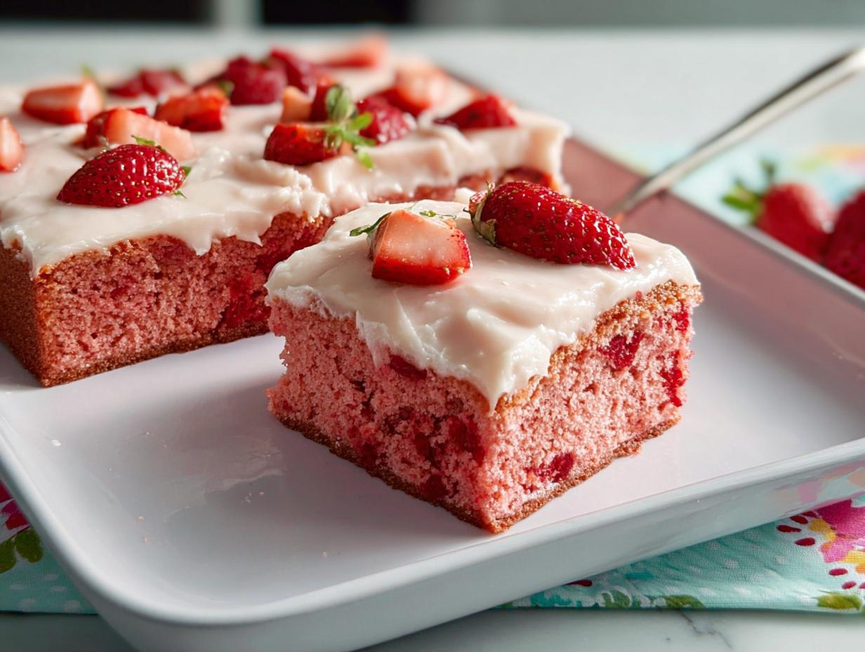 A close-up of a moist slice of pink Strawberry Sheet Cake topped with white frosting and fresh strawberry pieces.
