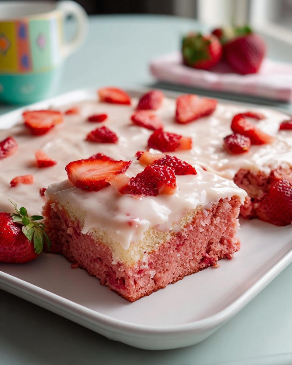 Close-up of a square slice of pink Strawberry Sheet Cake topped with white glaze and fresh strawberries.