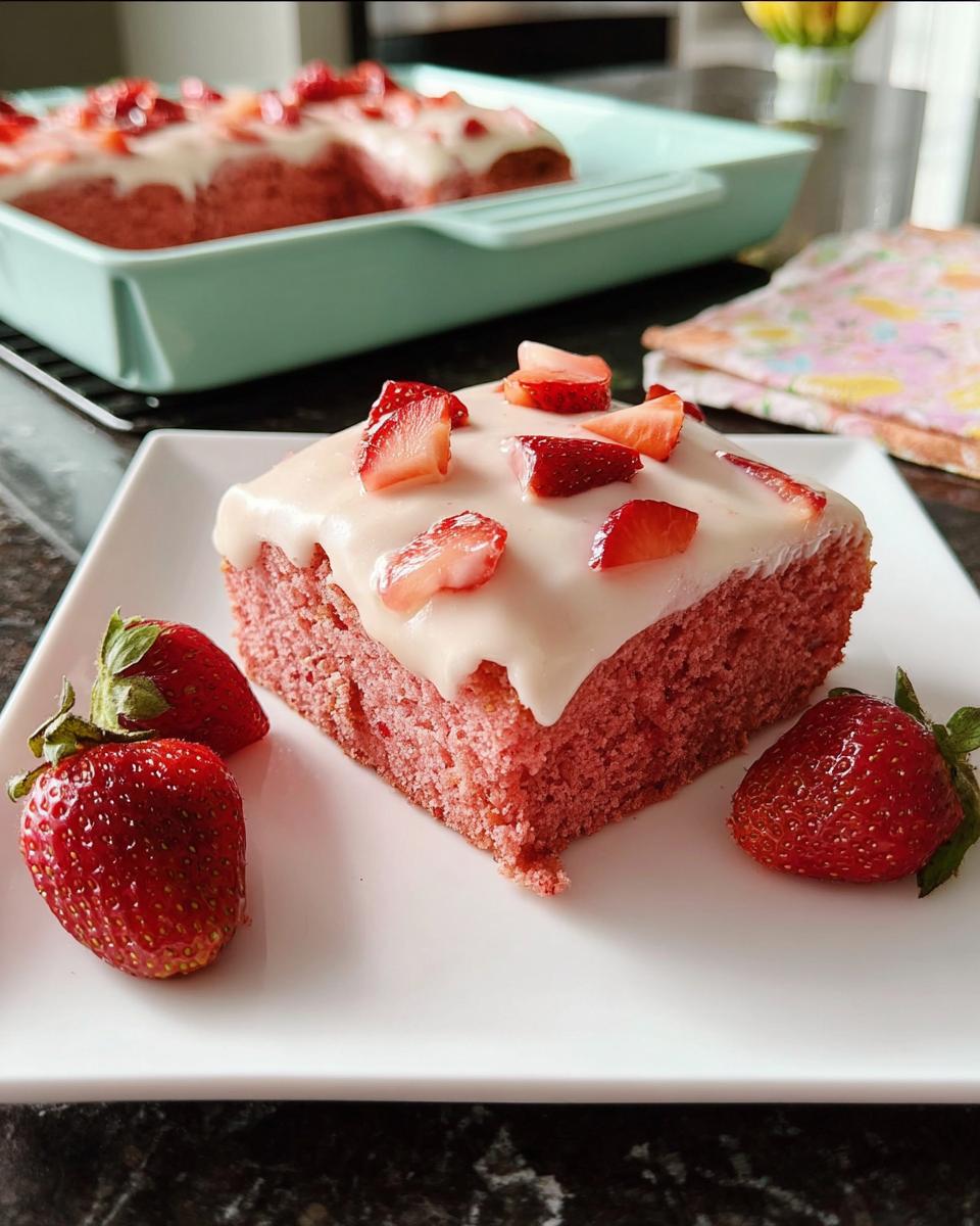 A square slice of pink Strawberry Sheet Cake topped with white glaze and fresh strawberry pieces, served with whole strawberries.