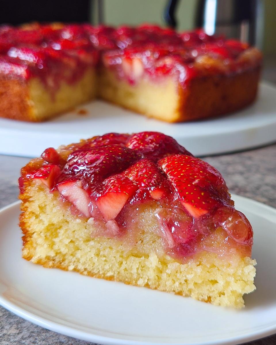 A close-up slice of moist Strawberry Sheet Upside Down Cake with caramelized strawberries on top.