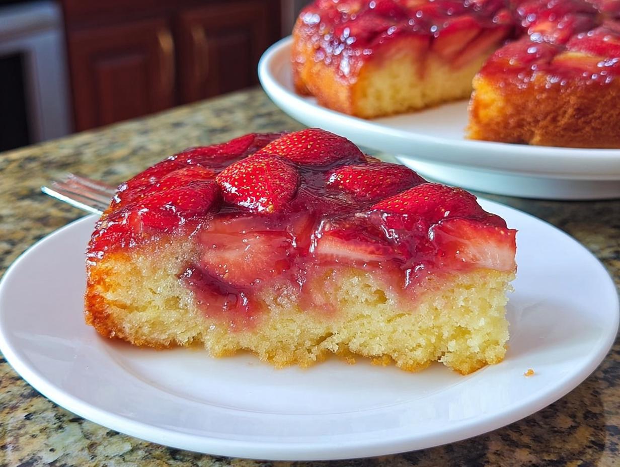 A close-up of a slice of moist Strawberry Sheet Upside Down Cake topped with glossy, caramelized strawberries.