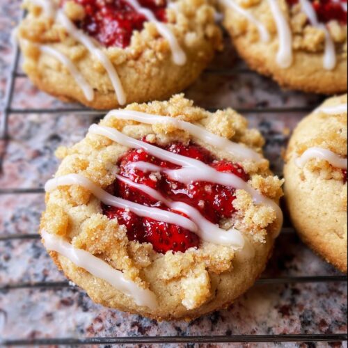 Close-up of freshly baked Strawberry Shortcake Cookies topped with strawberry filling and white icing drizzle.