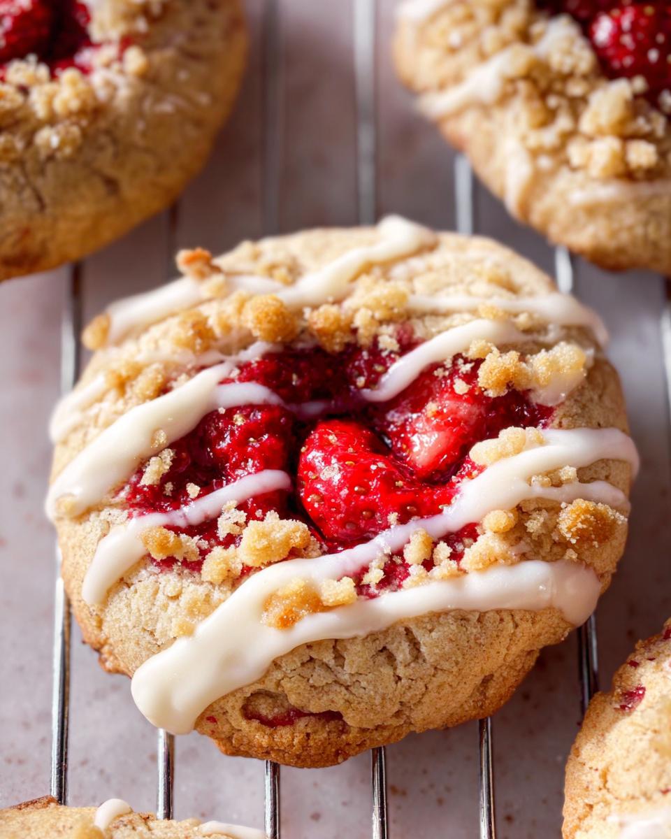 Close-up of a freshly baked Strawberry Shortcake Cookies featuring a strawberry filling, crumble topping, and white glaze drizzle.