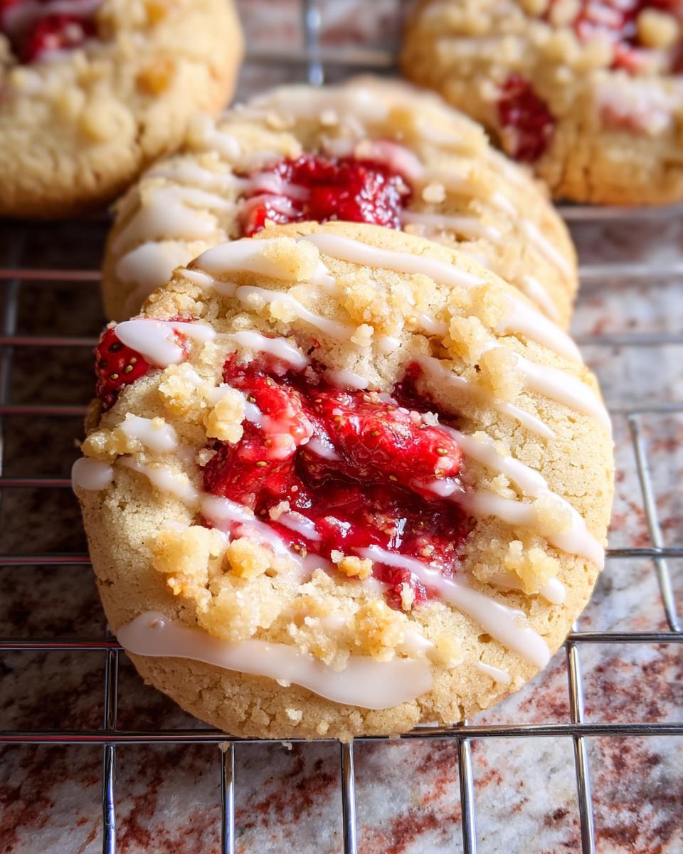 Close-up of a freshly baked Strawberry Shortcake Cookies featuring a strawberry filling, crumble topping, and white glaze drizzle.