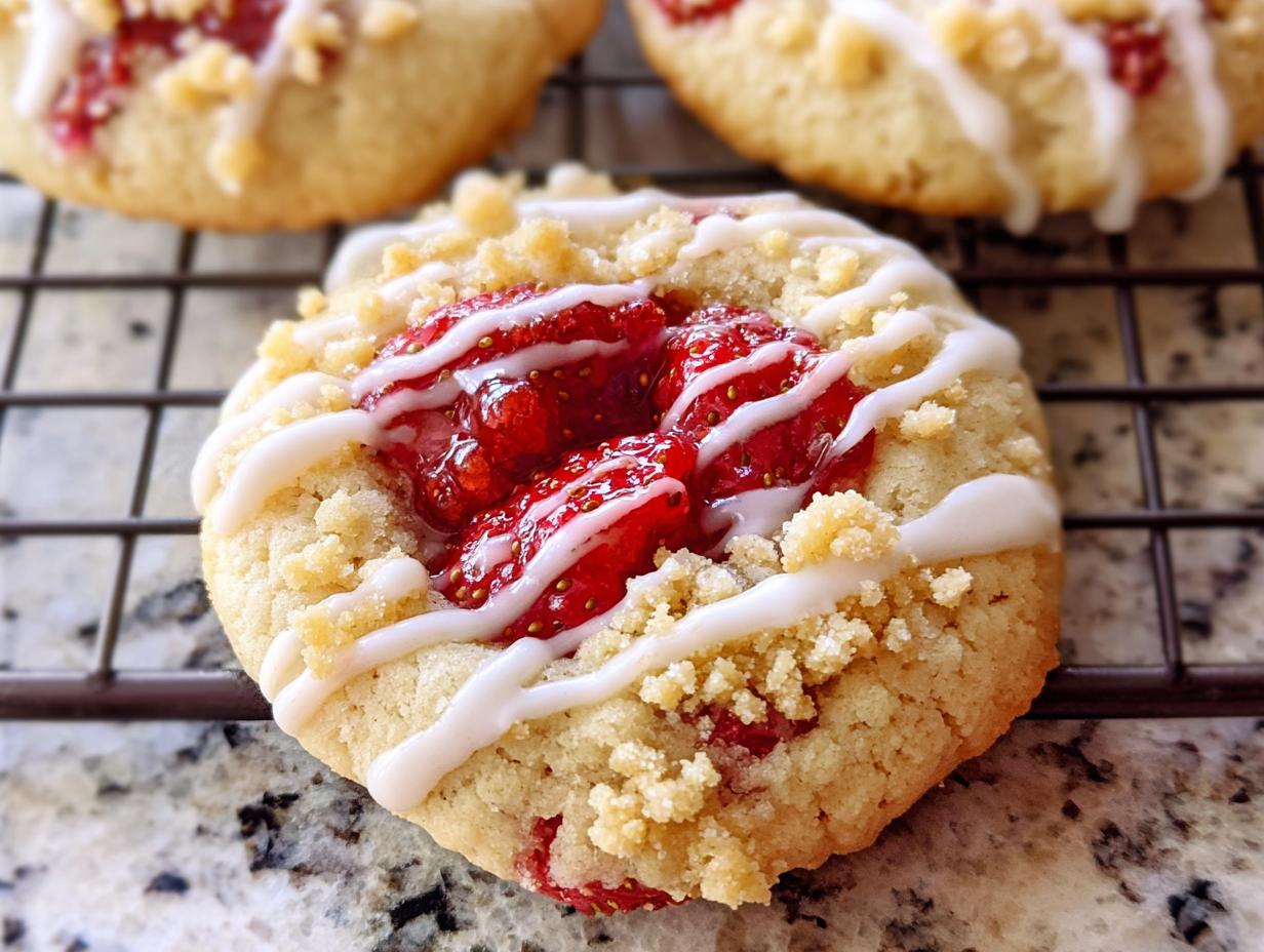 A close-up of a freshly baked Strawberry Shortcake Cookies topped with strawberry filling, crumble, and white icing drizzle.