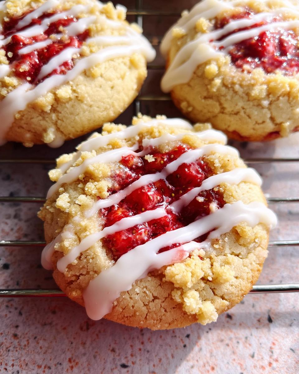 Three freshly baked Strawberry Shortcake Cookies cooling on a wire rack, topped with strawberry filling and white glaze.