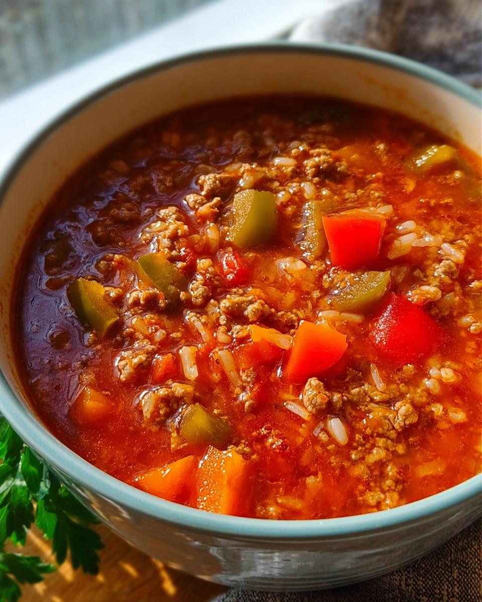 Close-up of a bowl filled with Stuffed Pepper Dinner Soup, showing ground meat, rice, and chunks of red and green peppers in a rich tomato broth.