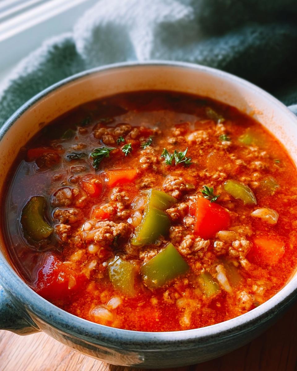 Close-up of a bowl filled with rich, red Stuffed Pepper Dinner Soup containing ground meat, green peppers, and tomatoes.