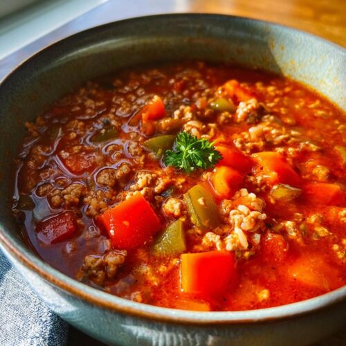Close-up of a bowl of rich, red Stuffed Pepper Dinner Soup filled with ground meat, diced peppers, and rice.