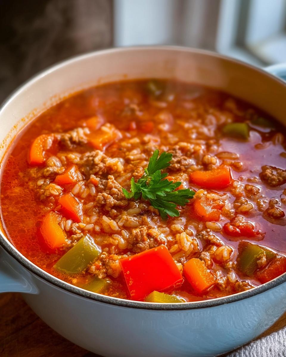 Close-up of steaming Stuffed Pepper Dinner Soup with ground meat, rice, and chunks of red and green peppers.