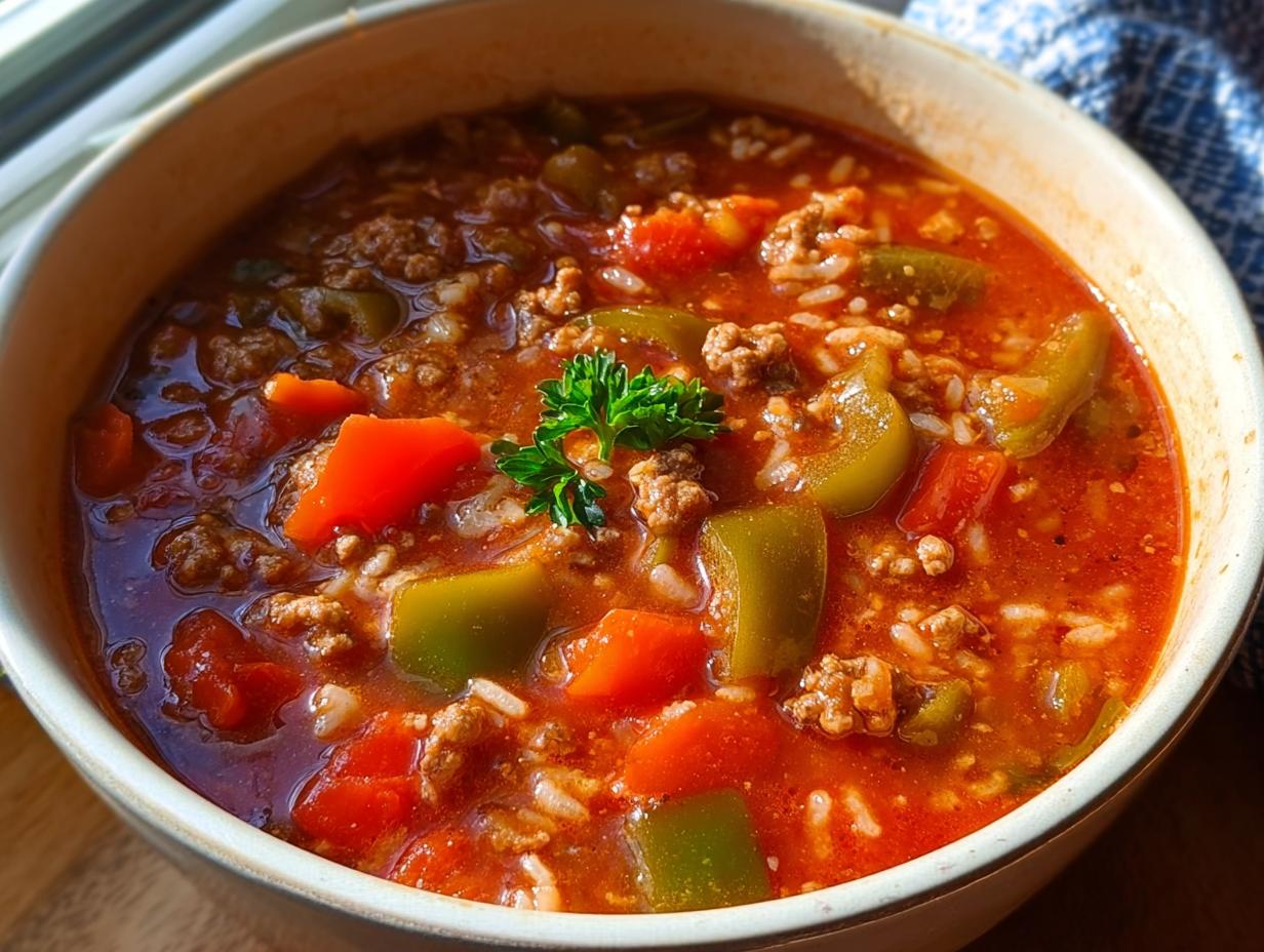 Close-up of a steaming bowl of Stuffed Pepper Dinner Soup with ground beef, rice, and chunks of green and red peppers.