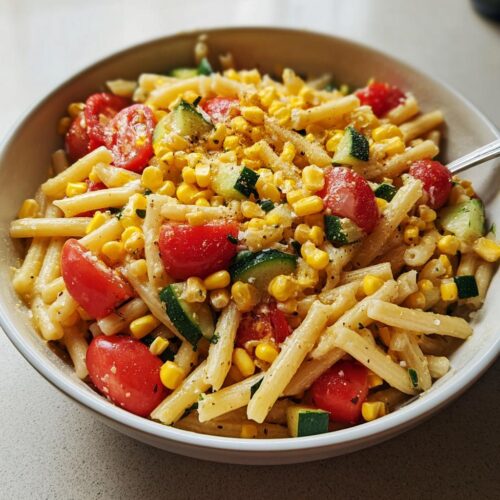 Close-up of a Summer Corn Pasta Meal Prep bowl featuring pasta, corn, zucchini, and halved cherry tomatoes.