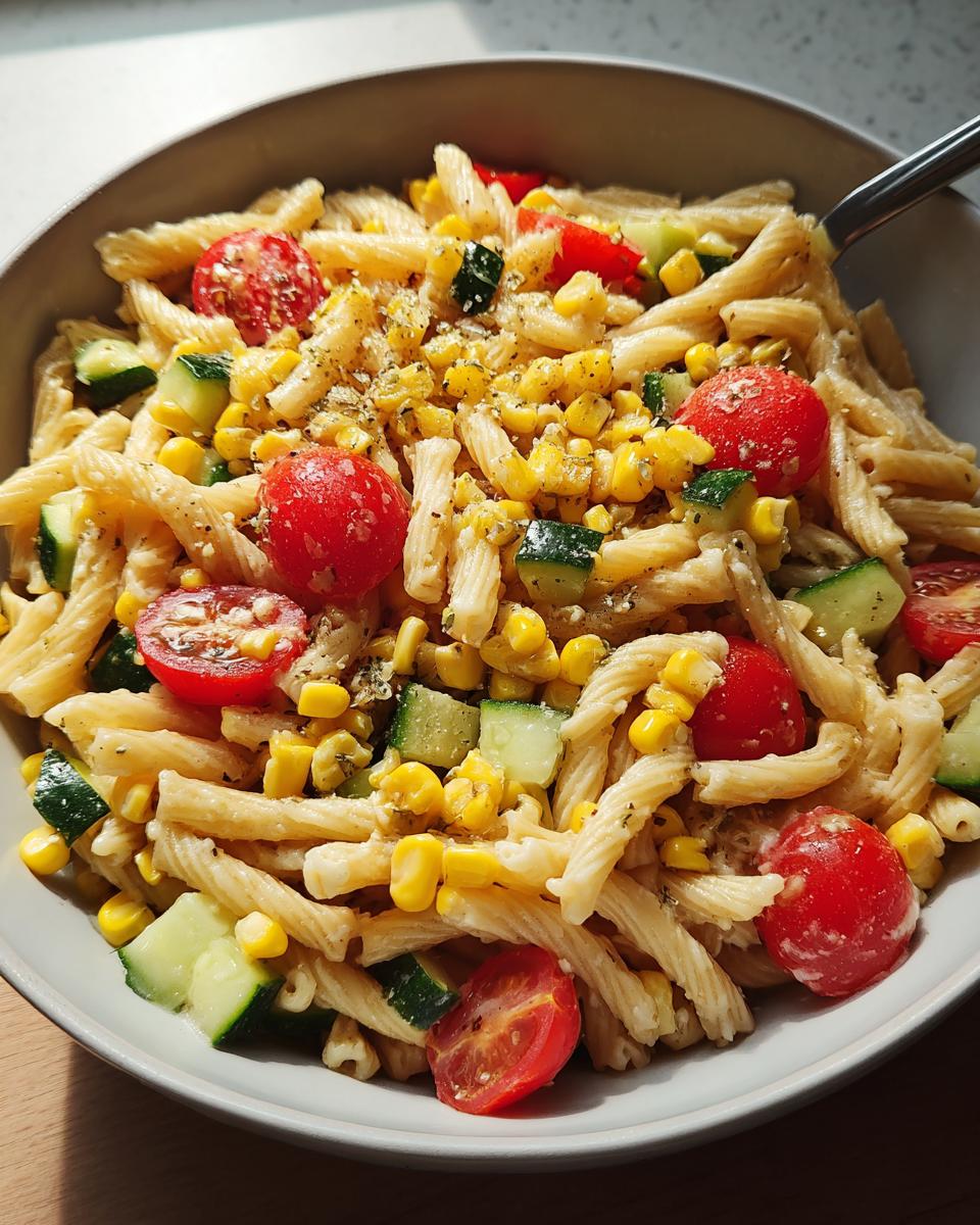 Close-up of a bowl filled with Summer Corn Pasta Meal Prep featuring fusilli pasta, corn, cherry tomatoes, and cucumber.