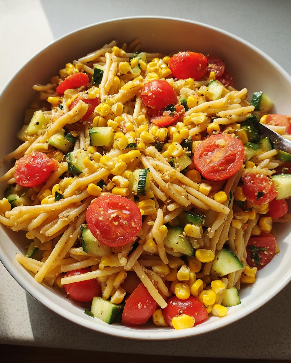 Close-up of a Summer Corn Pasta Meal Prep featuring pasta, bright yellow corn kernels, diced cucumber, and halved cherry tomatoes.