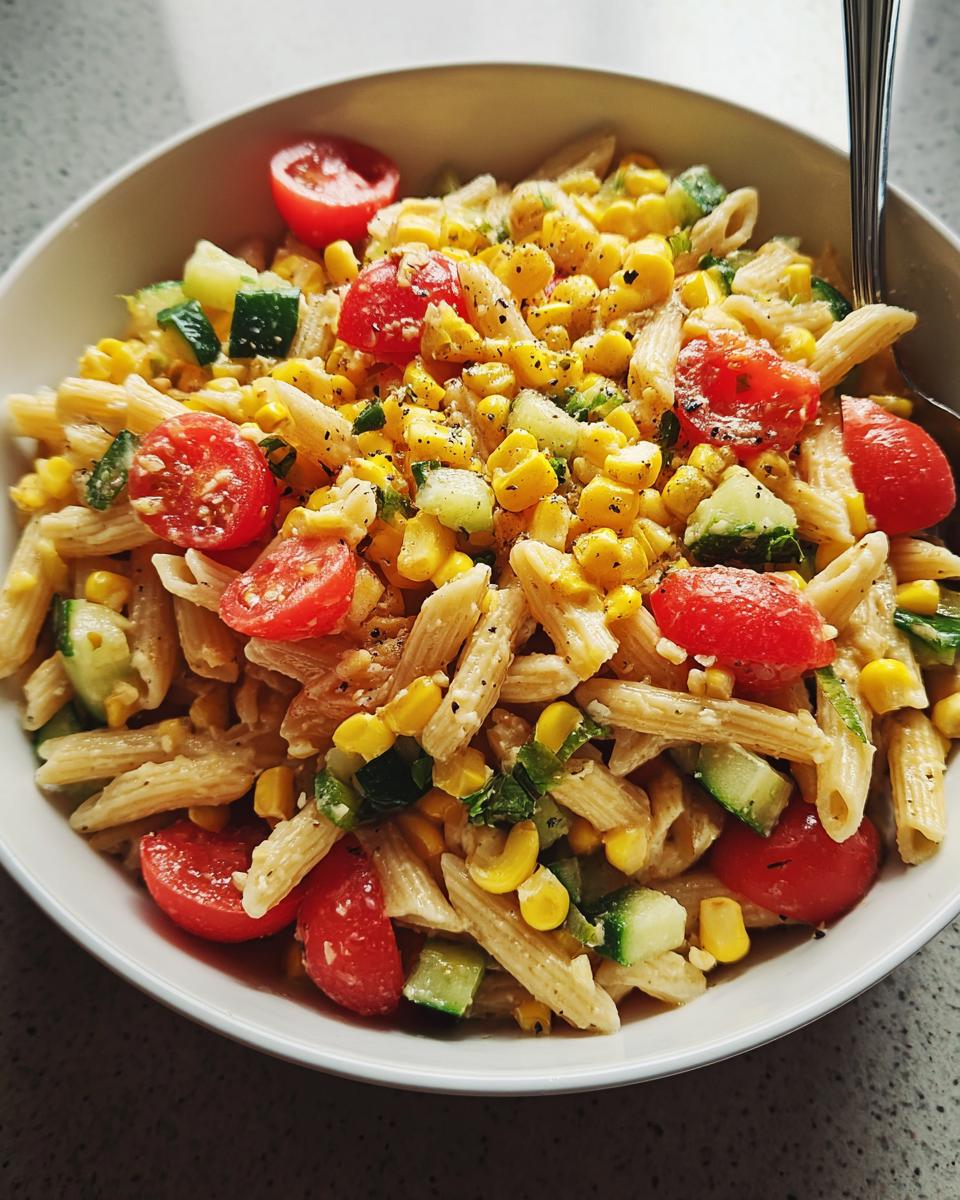Close-up of a Summer Corn Pasta Meal Prep featuring penne, bright yellow corn, chopped cucumber, and halved cherry tomatoes.