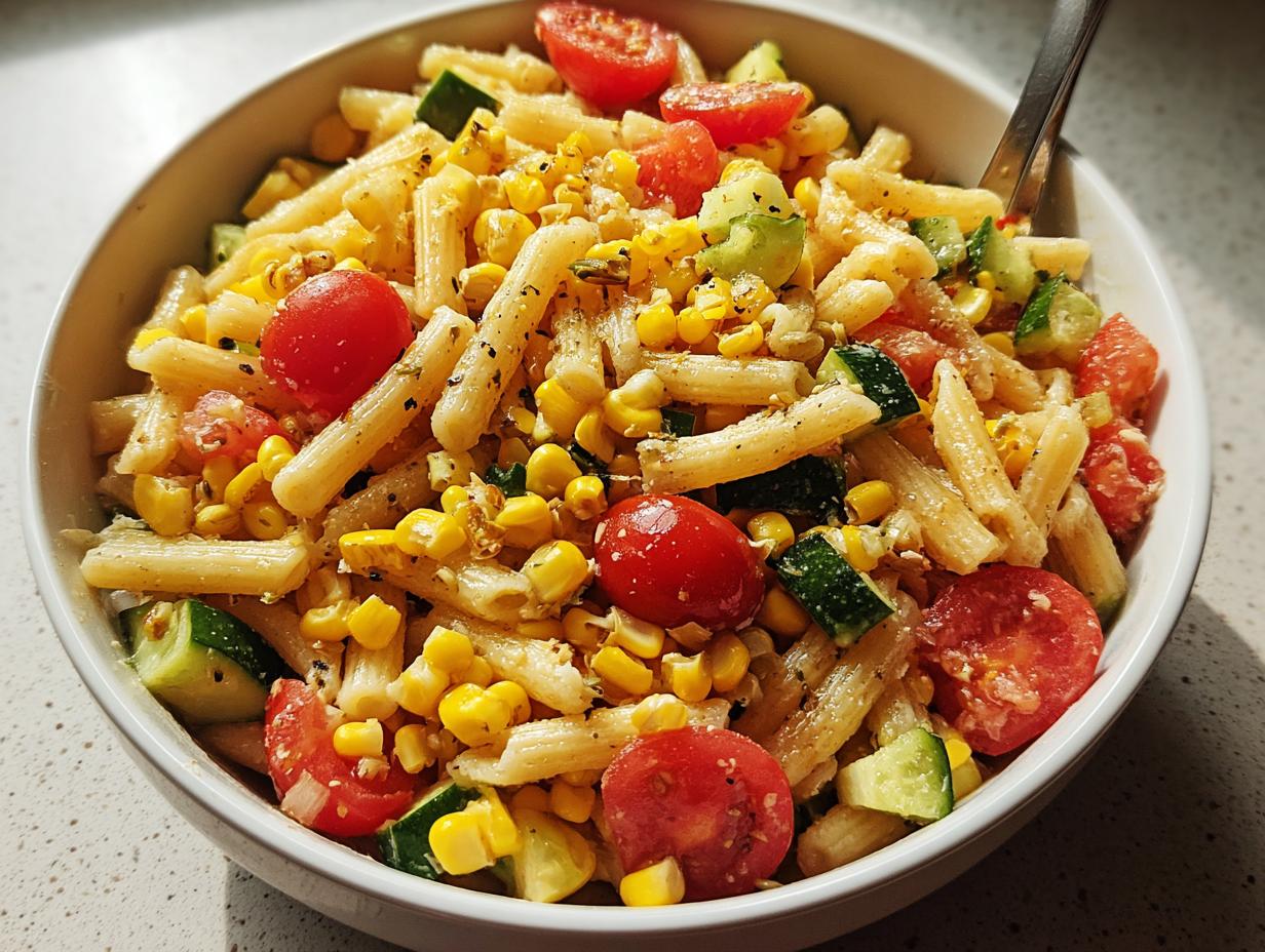 Close-up of a bowl filled with Summer Corn Pasta Meal Prep featuring penne, sweet corn, cherry tomatoes, and cucumber.
